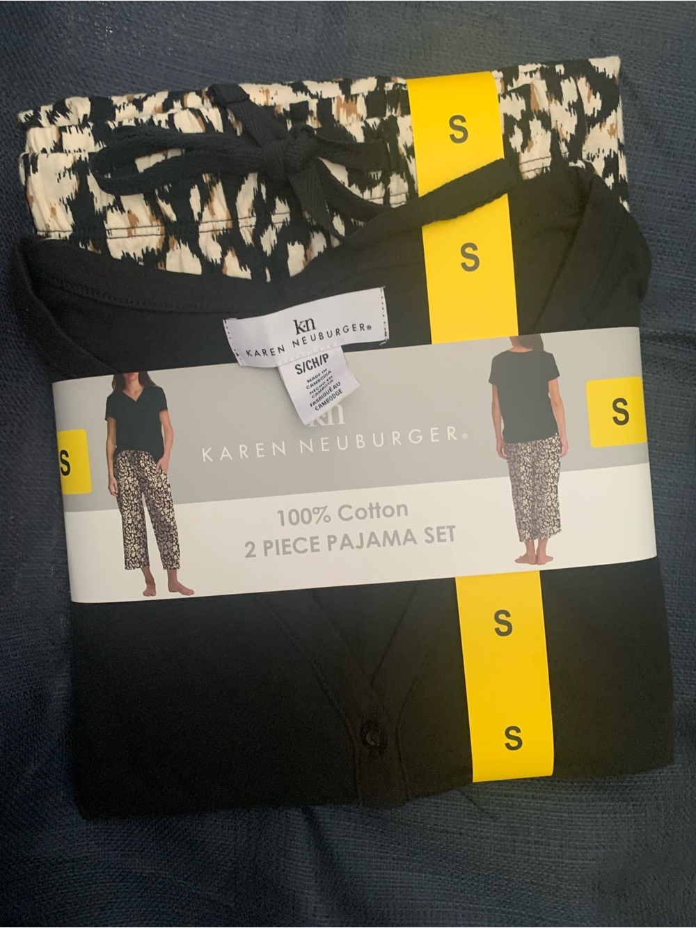 Karen Neuburger Black Top with Cream & Black Printed Pajama Pants 2-Piece Set